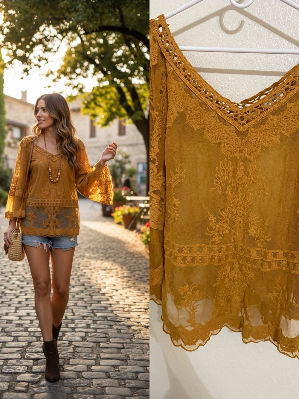 Umgee Mustard Lace Boho Kimono Top Sheer Embroidered Medium